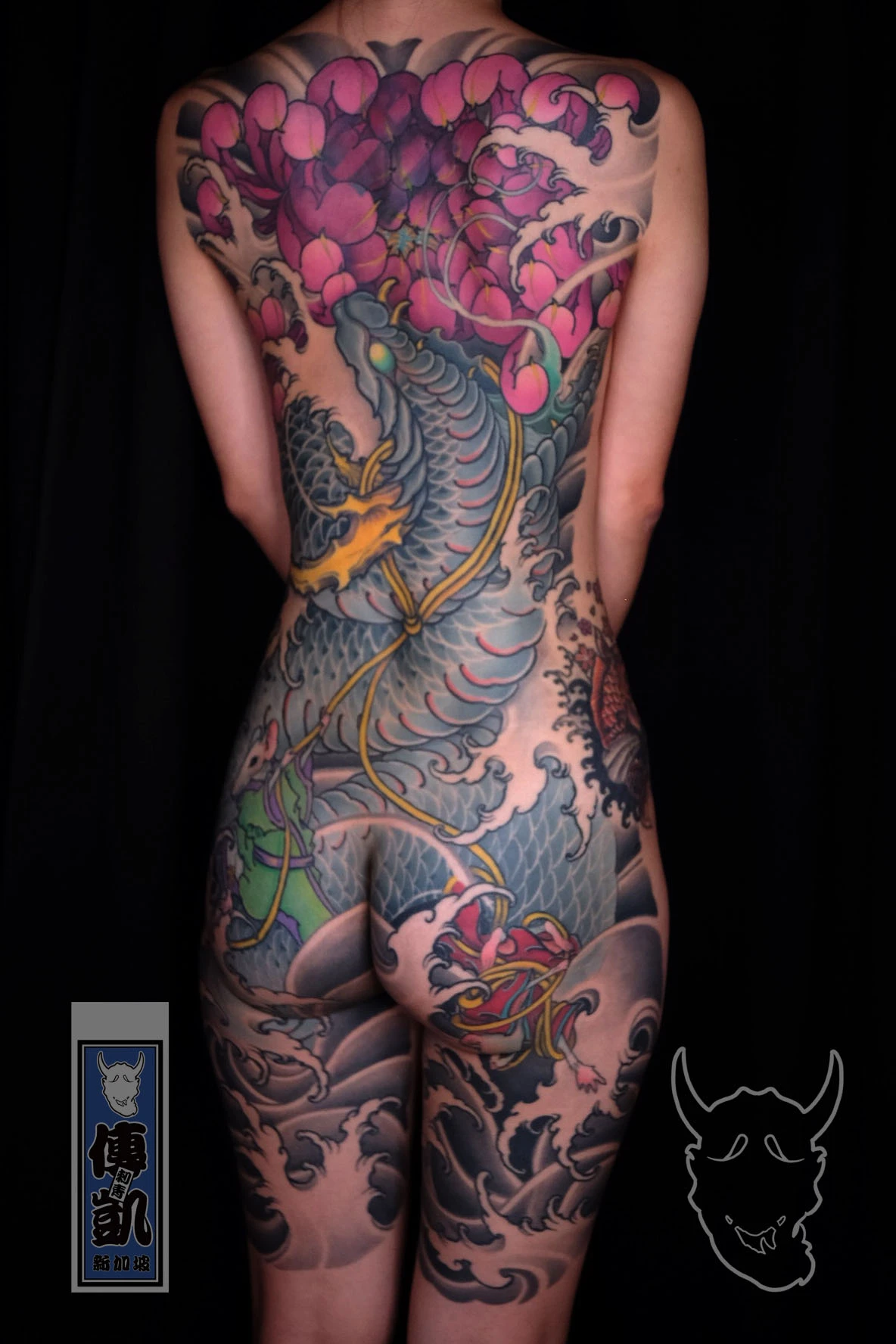 New Traditional Japanese tattoo of a snake and chrysanthemum, full backpiece with detailed linework, balance, and dynamic composition.