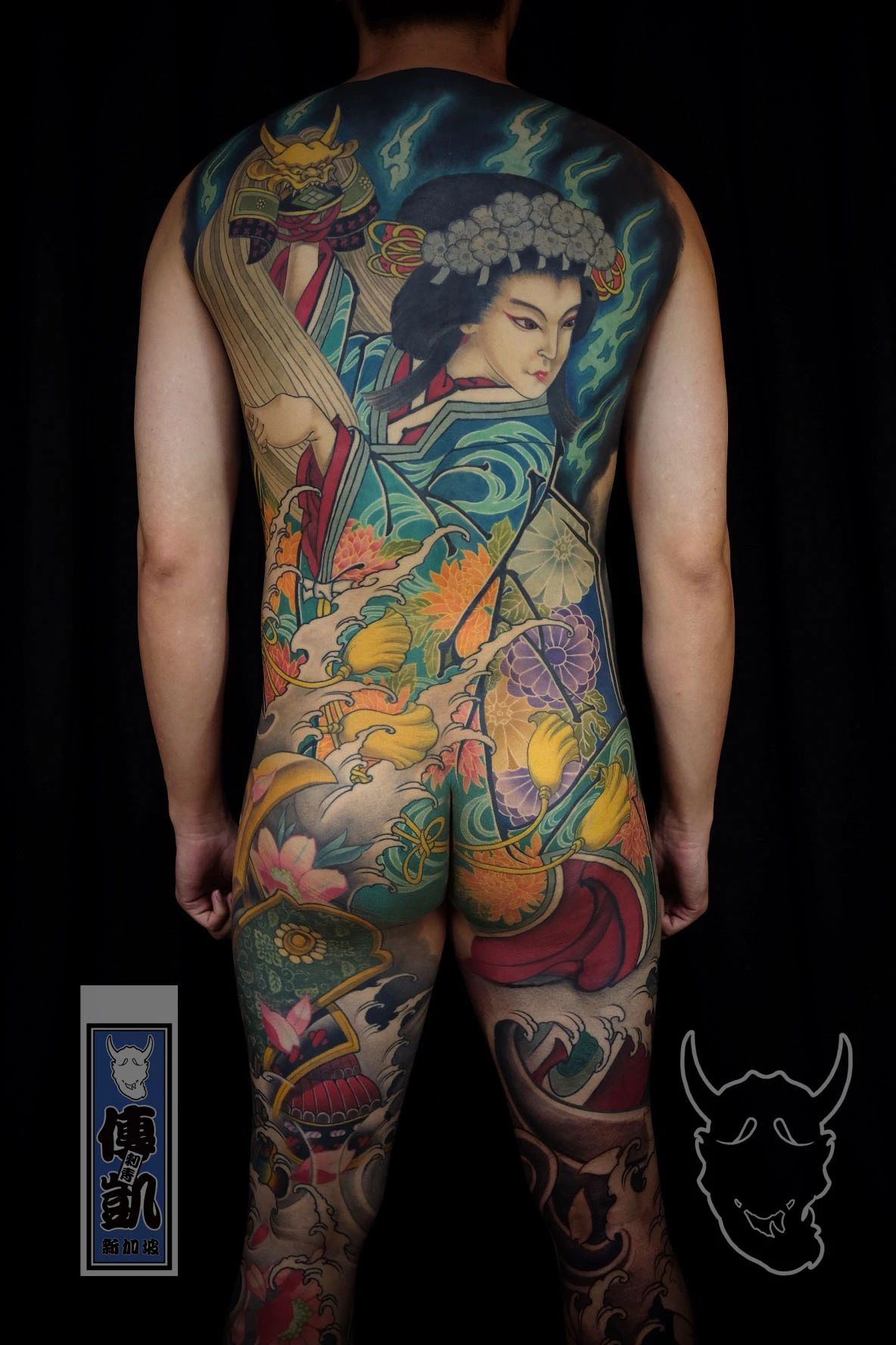 New Traditional Japanese tattoo of Yaegaki Hime in kimono with floral and wave elements, full backpiece inspired by Japanese folklore and kabuki art.