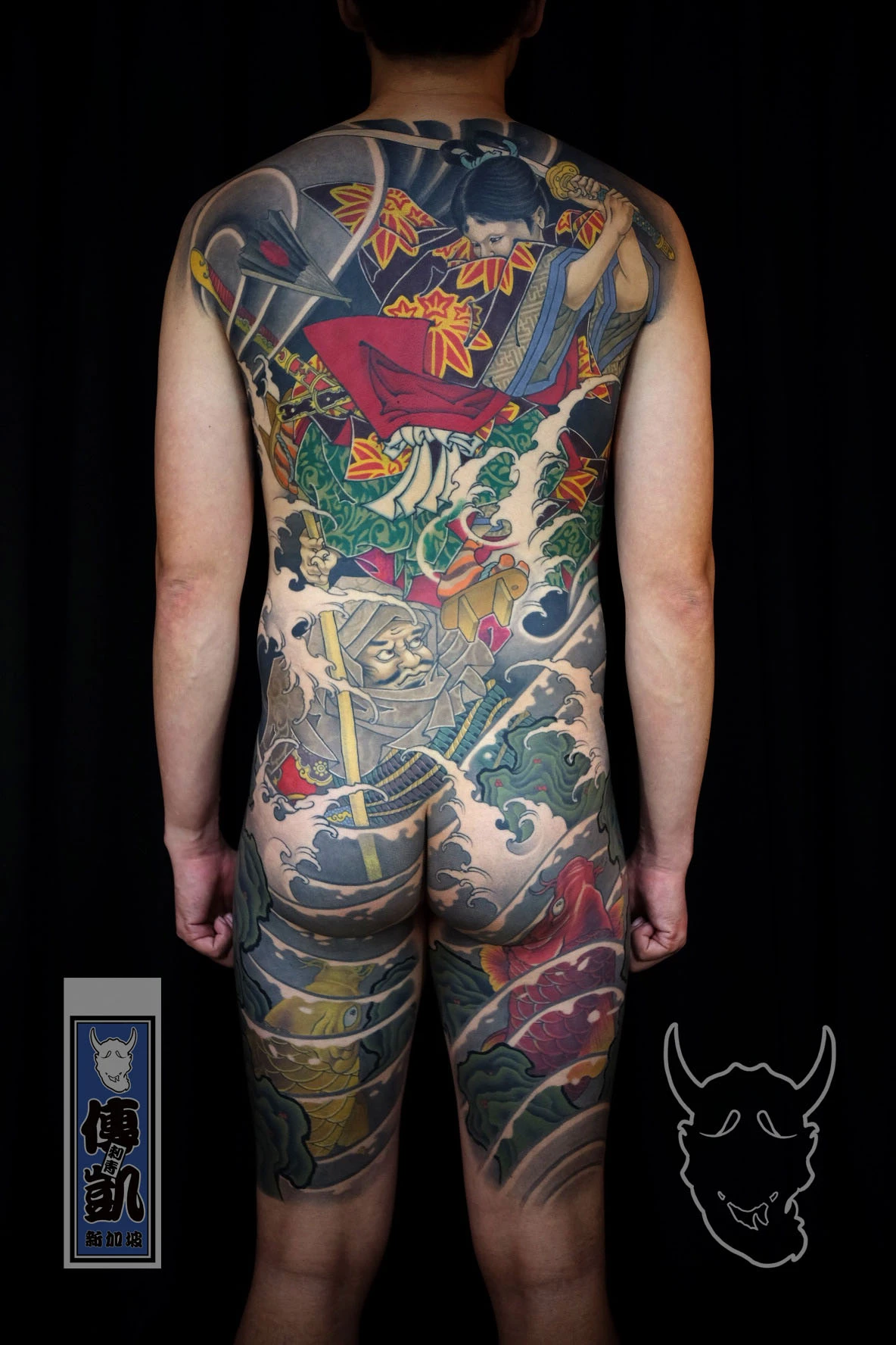 New Traditional Japanese tattoo of a samurai and onna, full backpiece with bold movement and detailed narrative composition.