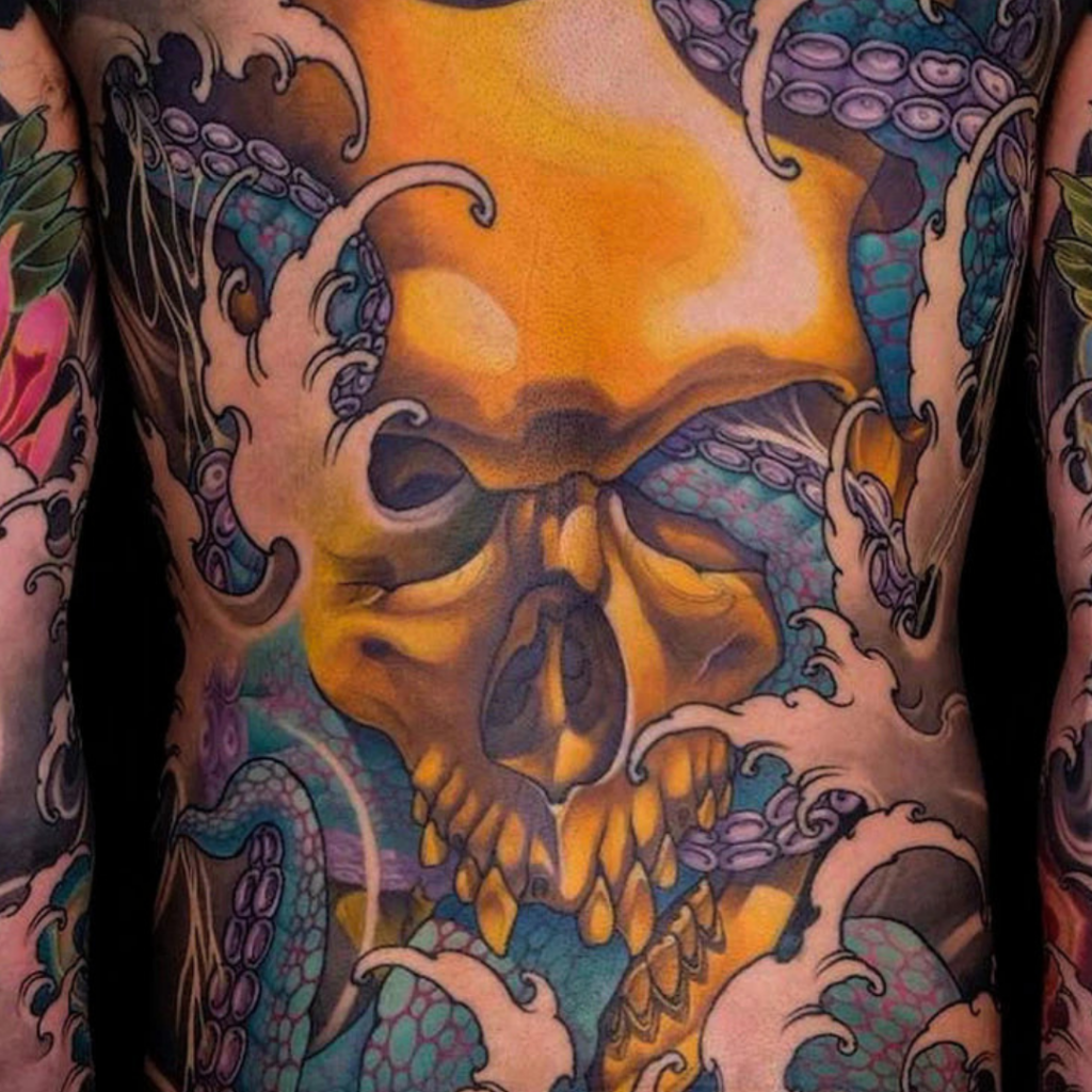 Japanese traditional skull tattoo with waves and florals by Skull and Tako Singapore
