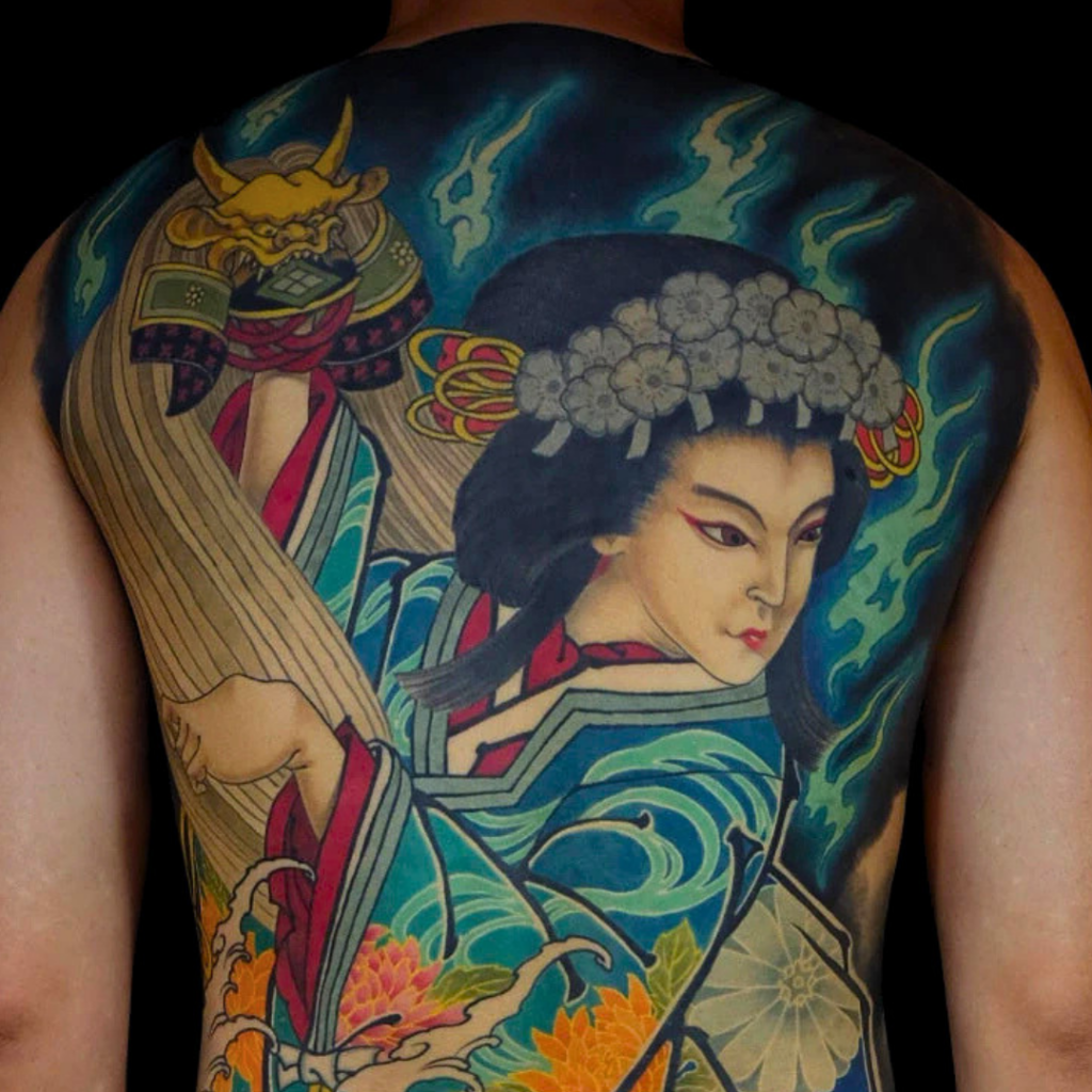 Yaegaki Hime Japanese folklore back tattoo with samurai helmet kimono and supernatural flames by CK Tattoo Singapore