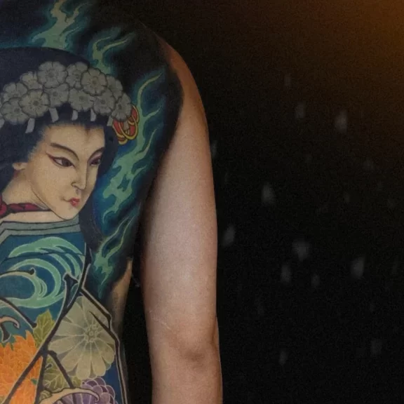 New Traditional Japanese tattoo of Yaegaki Hime in kimono with floral and wave elements, full backpiece inspired by Japanese folklore and kabuki art.