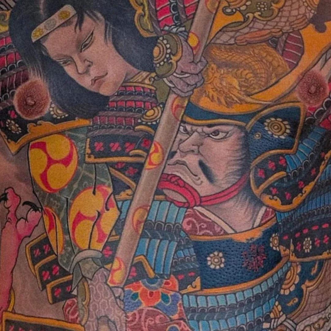 New Traditional Japanese tattoo of Tomoe Gozen in samurai armor, full frontpiece with vivid colors and detailed storytelling composition.